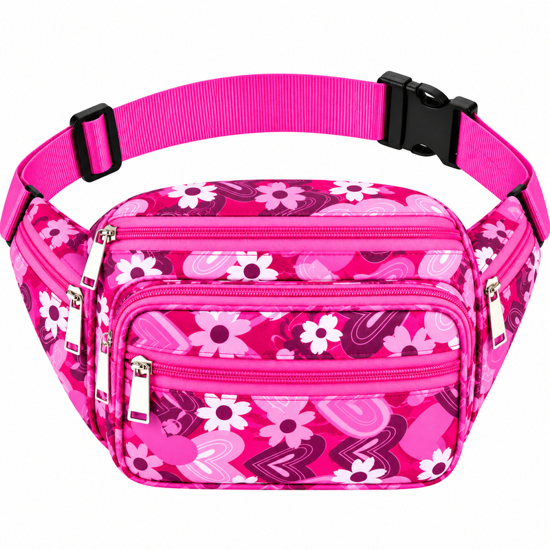 8056 Dark Pink Floral Bright Colored Multizip Bumbag (New) (image for) 8056 Dark Pink Floral Bright Colored Multizip Bumbag (New)